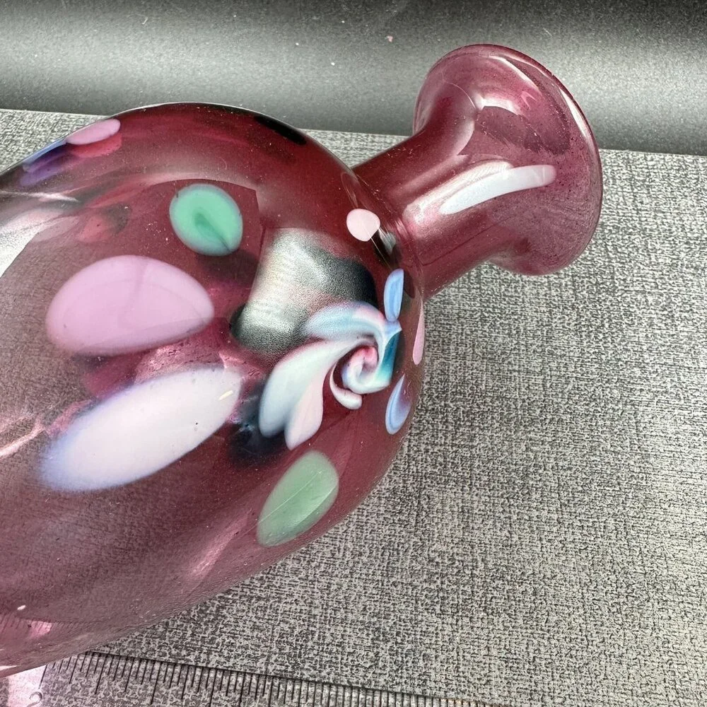 Hand Blown Pink Art Glass Vase Confetti Murano Style 7.5”